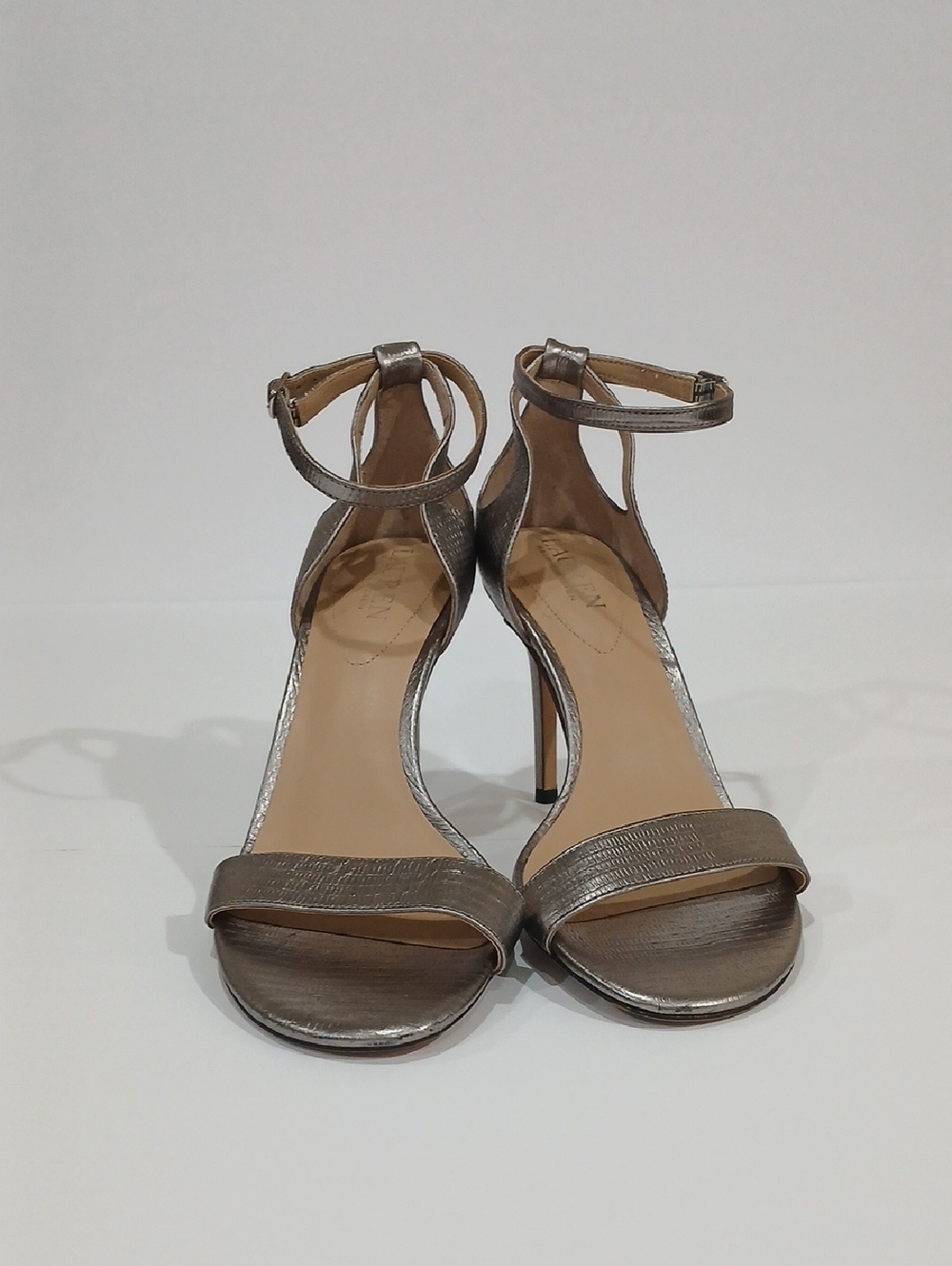 Ralph Lauren Metallic Taupe Ankle-Strap Stiletto Sandals